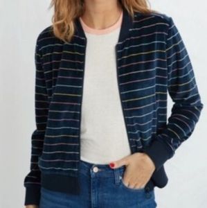 Marine Layer Auckland Velour Navy and Rainbow Striped Bomber Jacket